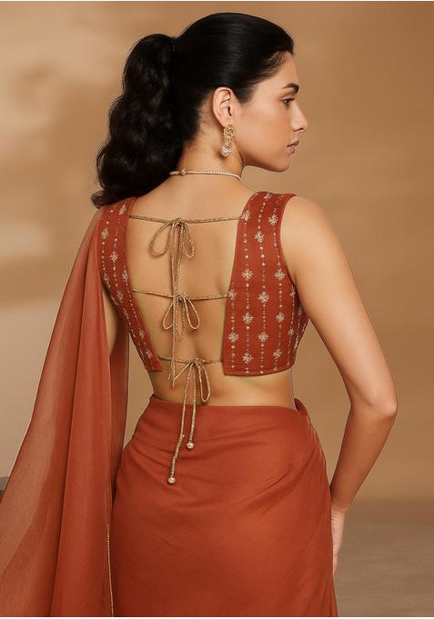 Rust Sequin Embroidered Blouse Organza Pre Draped Saree Set