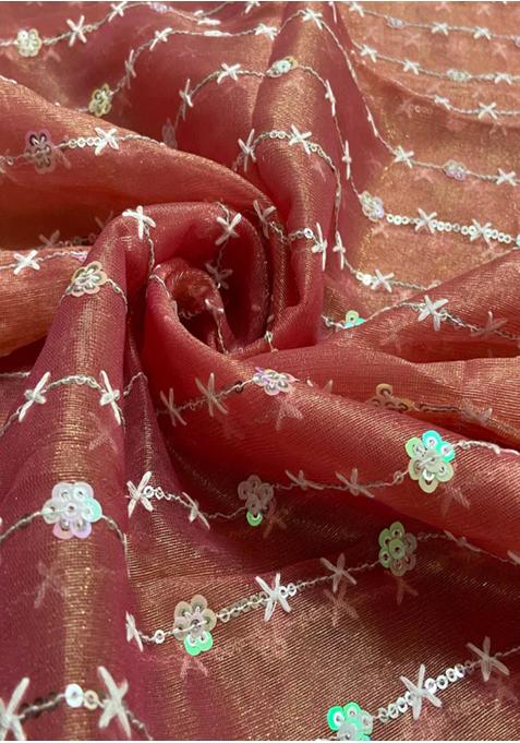 Rust Sequin Embroidered Blouse Organza Pre Draped Saree Set