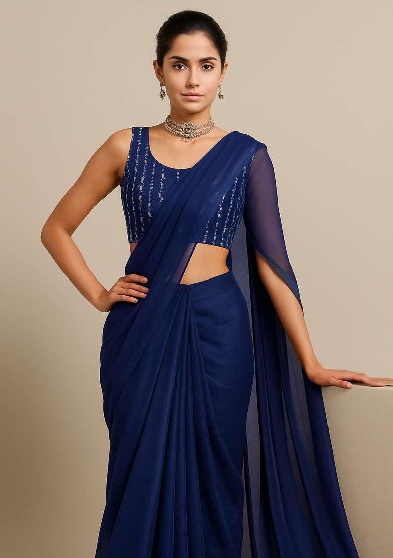 Navy Blue Sequin Embroidered Blouse Organza Pre Draped Saree Set - Indya