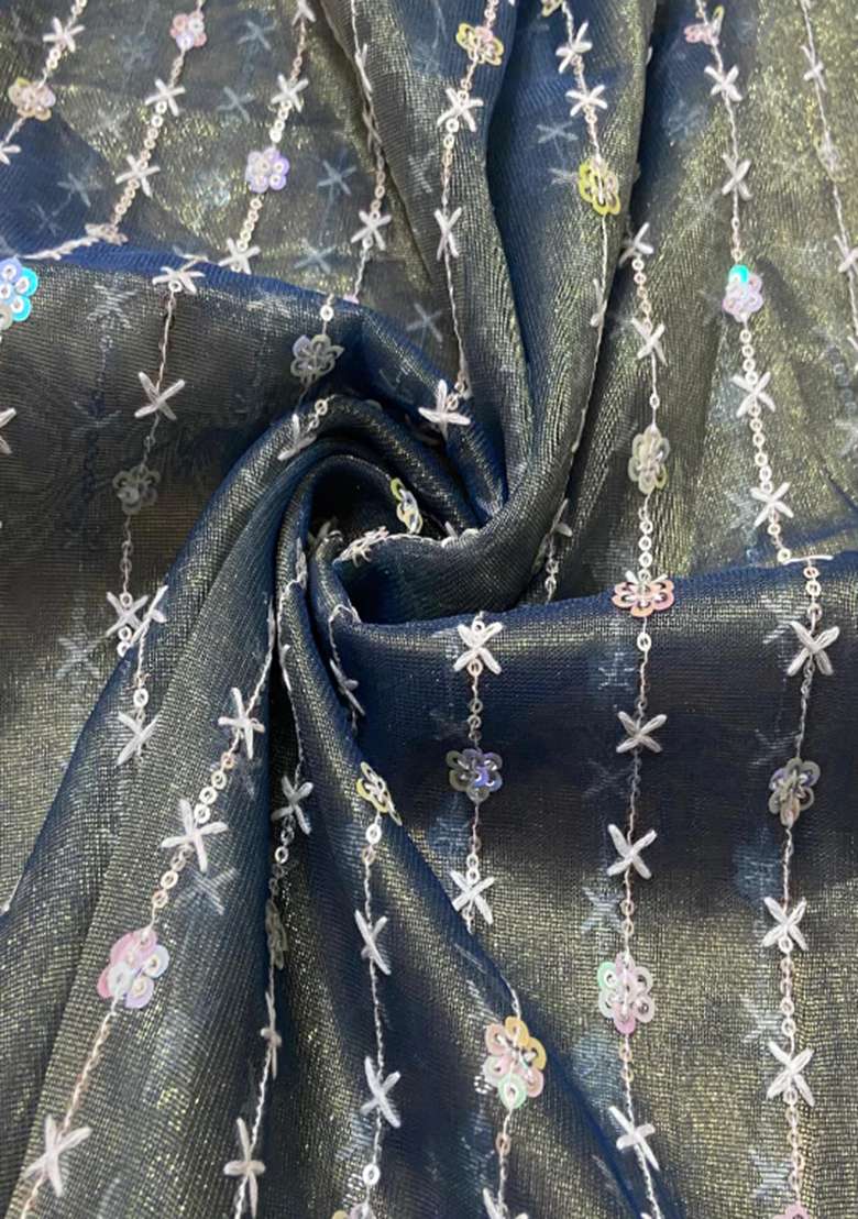 Navy Blue Sequin Embroidered Blouse Organza Pre Draped Saree Set - Indya