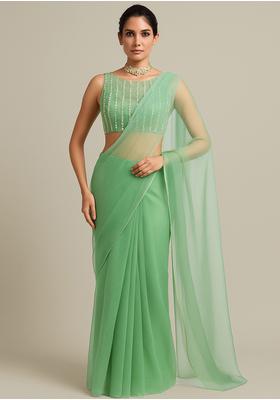 Mint Green Sequin Embroidered Organza Pre Draped Saree Set