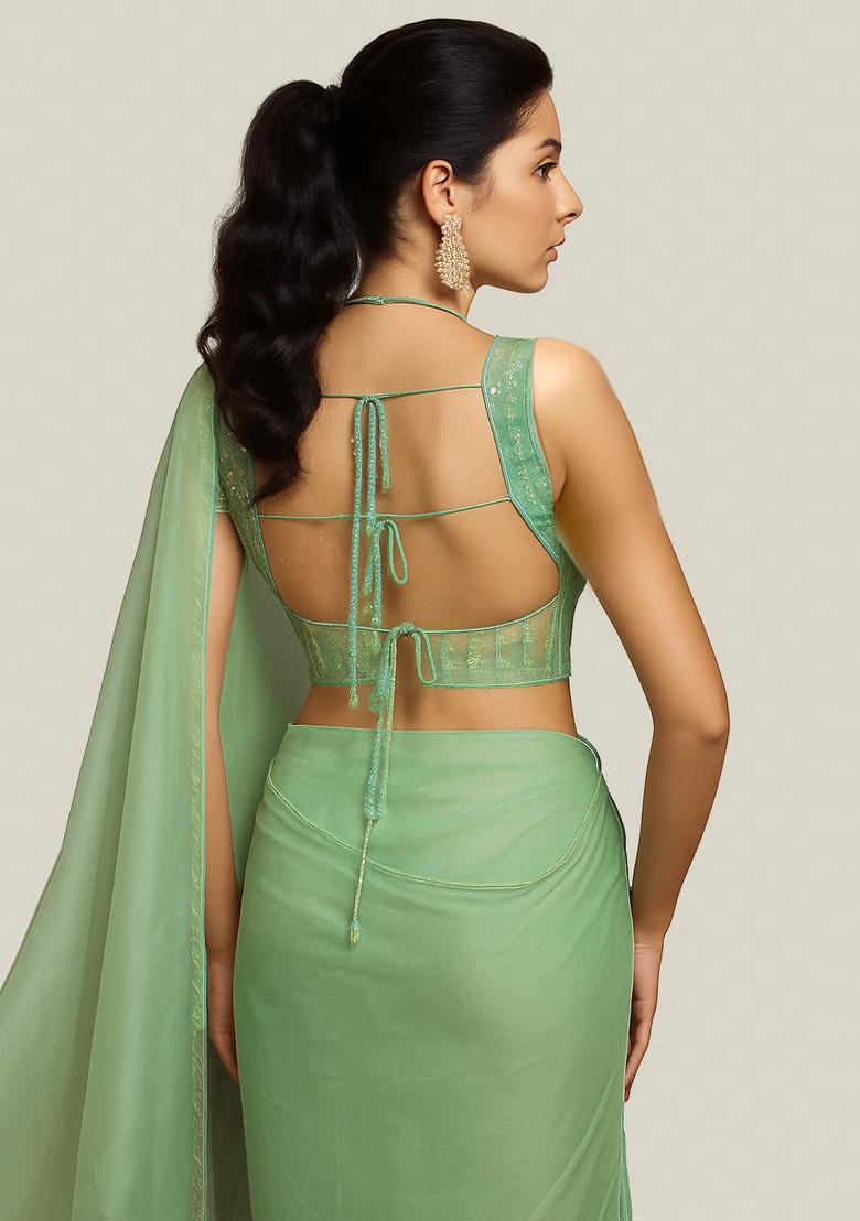 Mint Green Sequin Embroidered Organza Pre Draped Saree Set - Indya