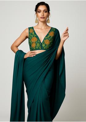 Navy Blue Embroidered Georgette Pre Draped Saree Set