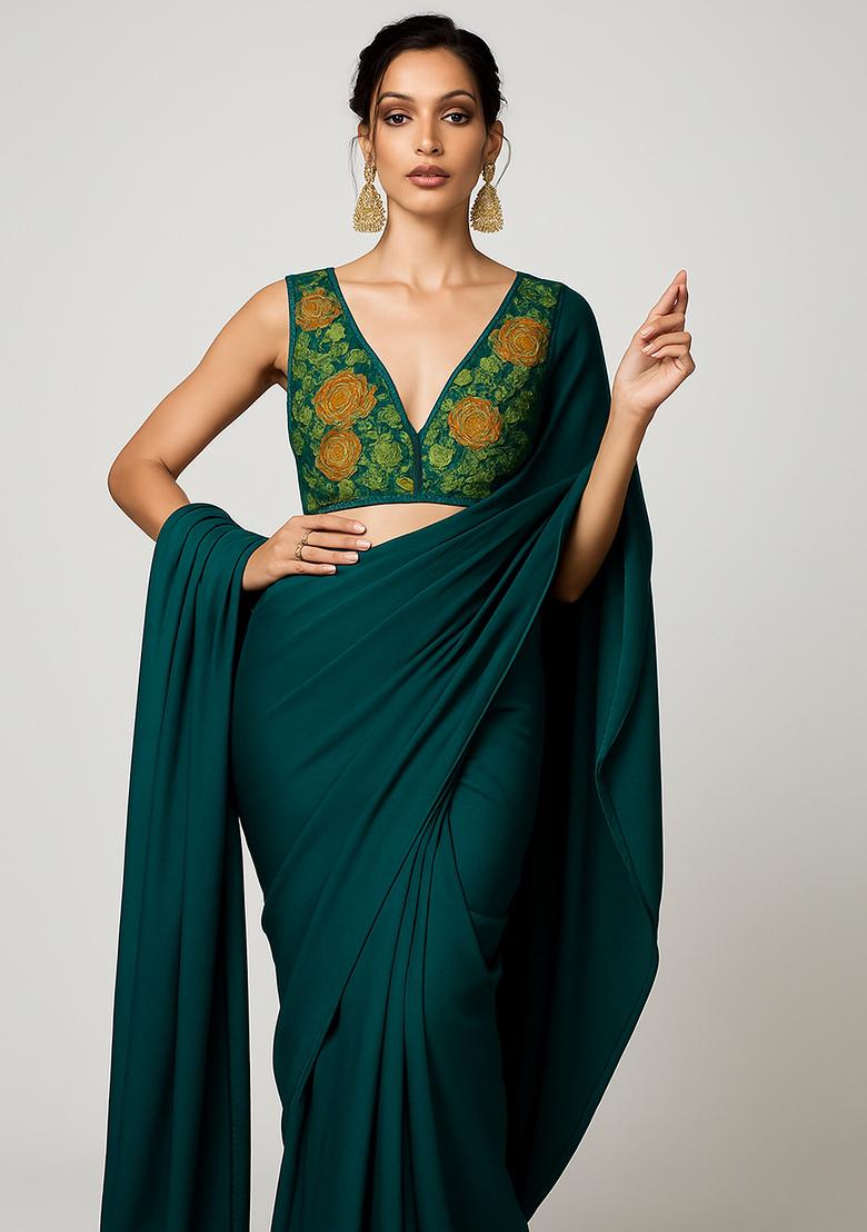 Navy Blue Embroidered Georgette Pre Draped Saree Set - Indya