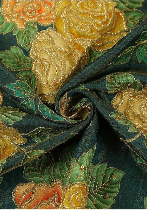 Navy Blue Embroidered Blouse Georgette Pre Draped Saree Set