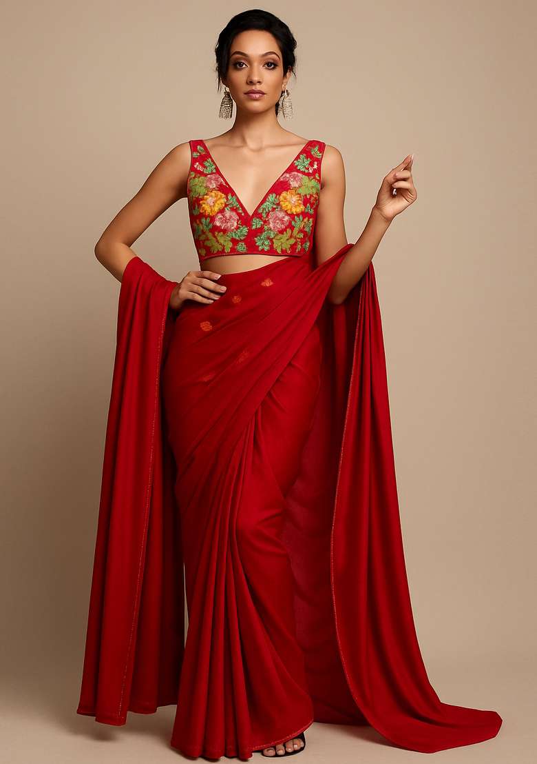 Red Embroidered Blouse Georgette Pre Draped Saree Set - Indya