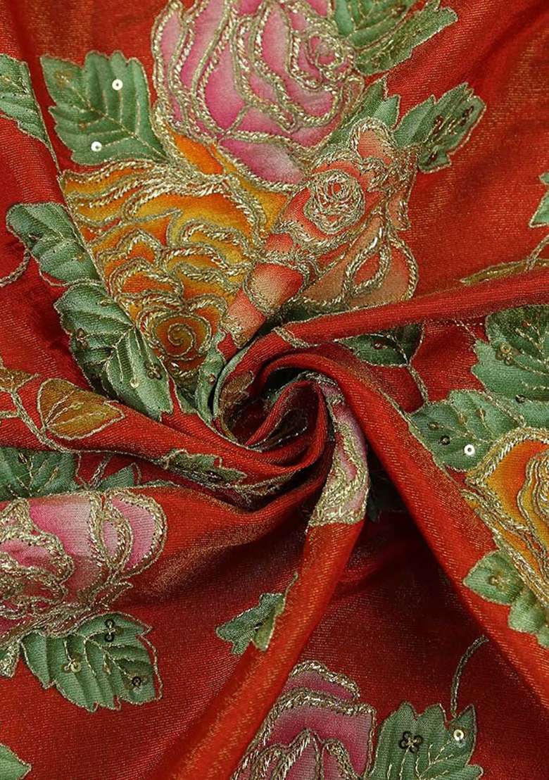 Red Embroidered Blouse Georgette Pre Draped Saree Set - Indya