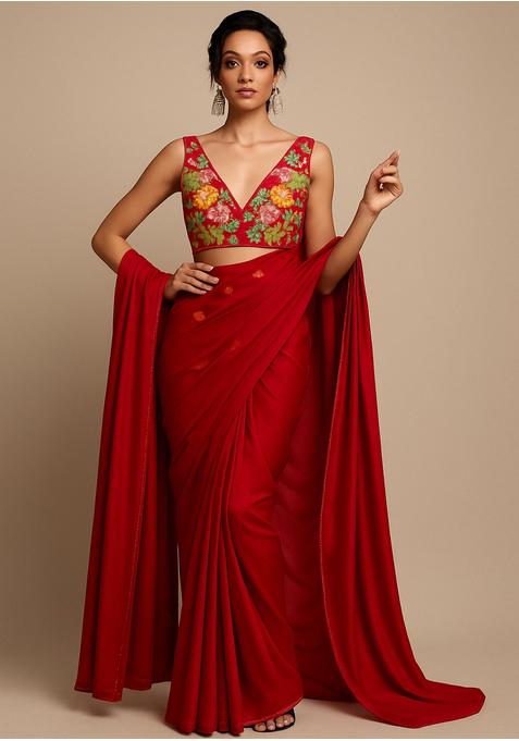 Red Embroidered Blouse Georgette Pre Draped Saree Set