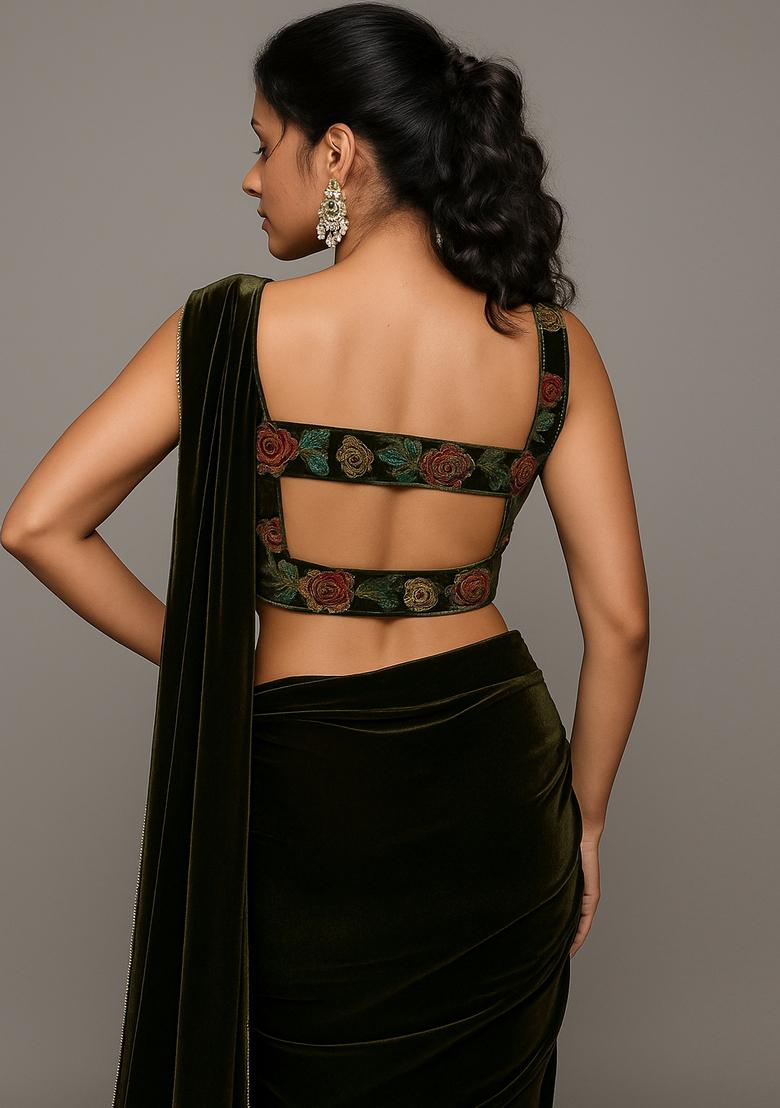 Green Sequin Embroidered Georgette Pre Draped Saree Set - Indya