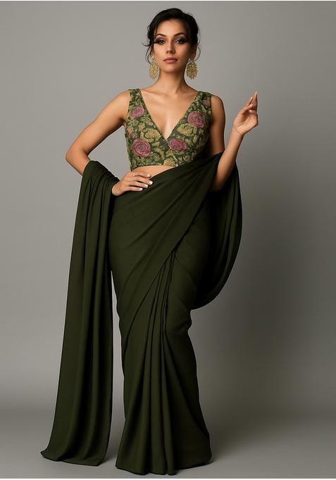 Green Embroidered Blouse Georgette Pre Draped Saree Set