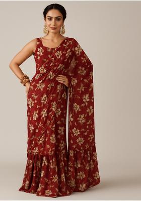 Maroon Sequin Embroidered Chiffon Pre Draped Saree Set