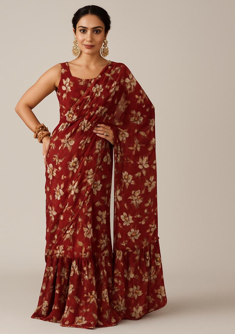 Maroon Embroidered Chiffon Pre Draped Saree Set