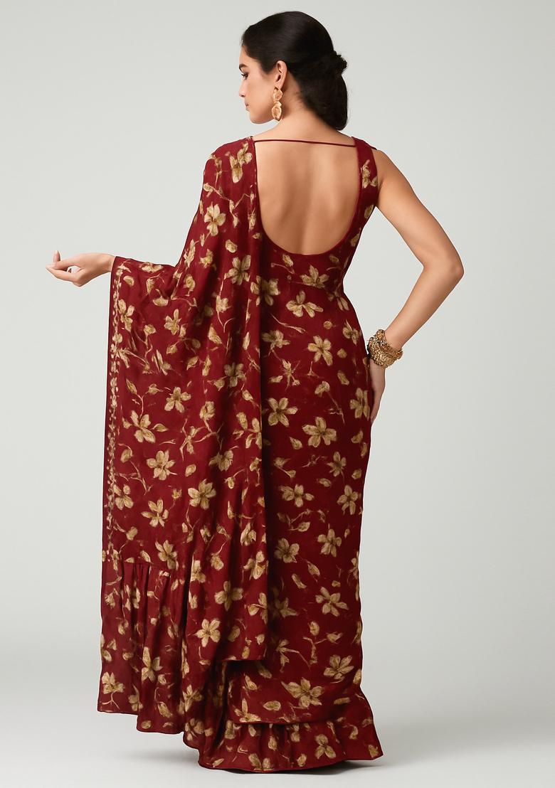 Maroon Embroidered Chiffon Pre Draped Saree Set