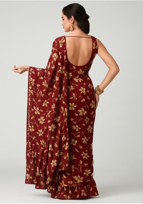 Maroon Embroidered Chiffon Pre Draped Saree Set