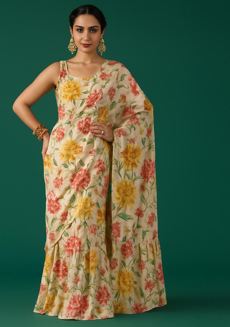 Beige Embroidered Chiffon Pre Draped Saree Set