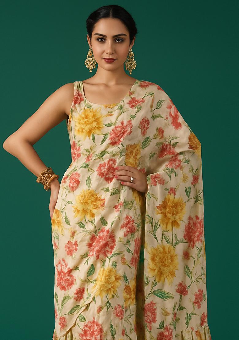 Beige Embroidered Chiffon Pre Draped Saree Set