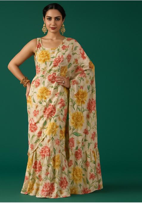 Beige Embroidered Chiffon Pre Draped Saree Set