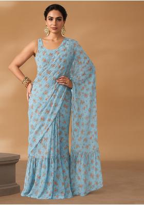 Blue Digital Print Chiffon Pre Draped Saree Set