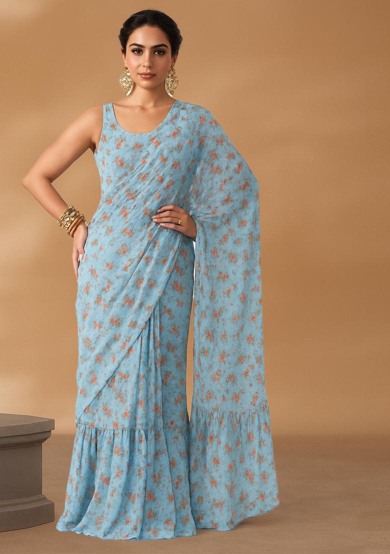 Blue Digital Print Chiffon Pre Draped Saree Set