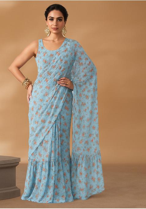 Blue Digital Print Chiffon Pre Draped Saree Set