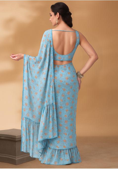 Blue Digital Print Chiffon Pre Draped Saree Set