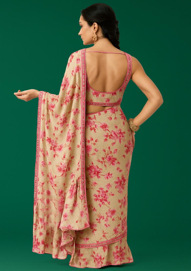 Cream Digital Print Chiffon Pre Draped Saree Set - Indya