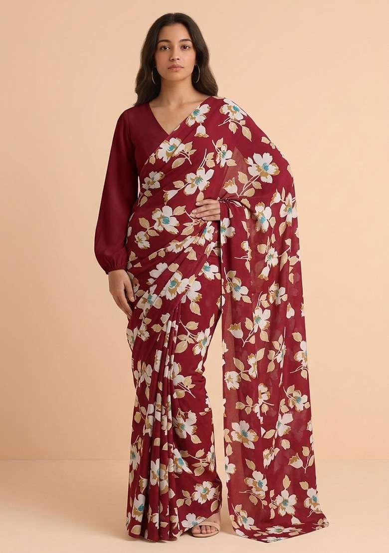 Maroon Pre Draped Saree Set with Digital Print for Diwali | Wedding & Festive Wear - Indya