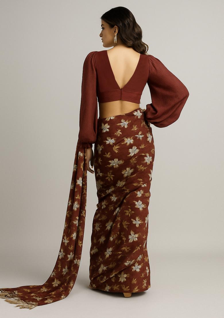 Maroon Digital Print Chiffon Pre Draped Saree Set - Indya