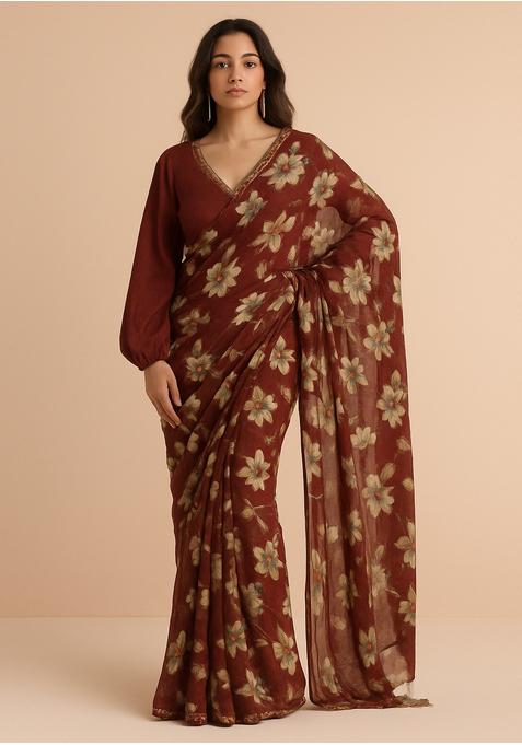 Maroon Digital Print Chiffon Pre Draped Saree Set