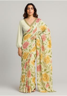 Beige Digital Print Chiffon Pre Draped Saree Set
