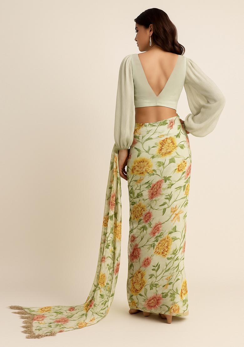 Beige Digital Print Chiffon Pre Draped Saree Set - Indya