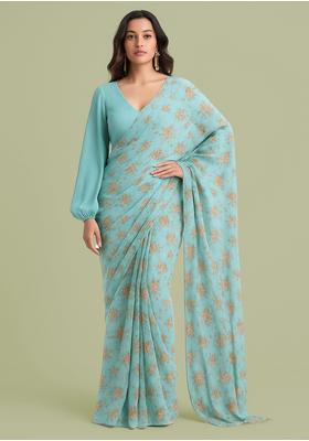 Sky Blue Zari Work Chiffon Pre Draped Saree Set