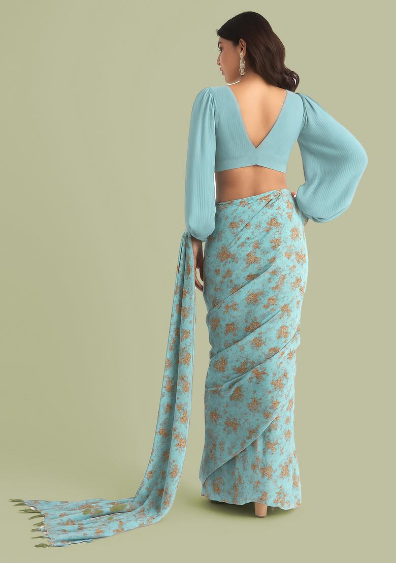 Sky Blue Zari Work Chiffon Pre Draped Saree Set - Indya