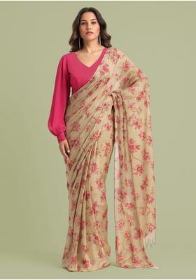 Cream Sequin Embroidered Chiffon Pre Draped Saree Set