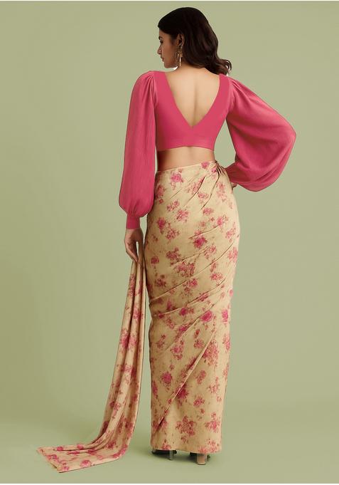 Cream Sequin Embroidered Chiffon Pre Draped Saree Set