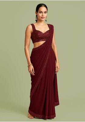 Maroon Sequin Blouse Georgette Pre Draped Saree Set