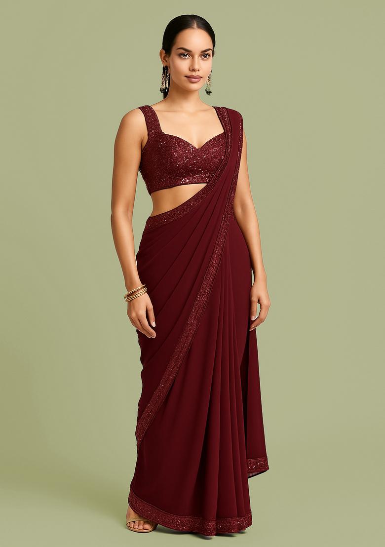 Maroon Sequin Blouse Georgette Pre Draped Saree Set
