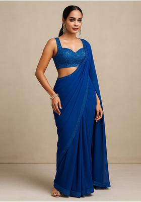 Blue Sequin Embroidered Georgette Pre Draped Saree Set