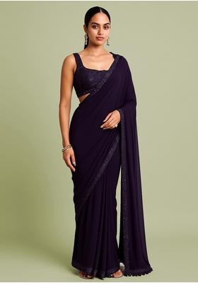 Purple Sequin Embroidered Georgette Pre Draped Saree Set