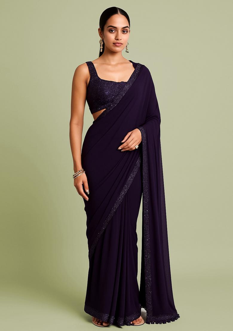 Purple Sequin Blouse Georgette Pre Draped Saree Set