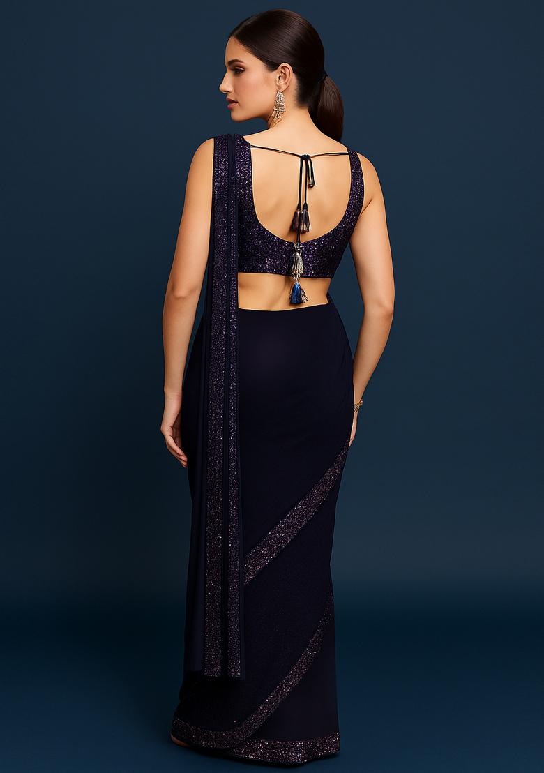 Purple Sequin Embroidered Georgette Pre Draped Saree Set - Indya