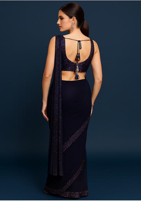 Purple Sequin Blouse Georgette Pre Draped Saree Set