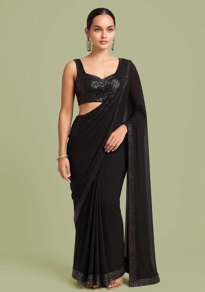 Grey Blouse Georgette Pre Draped Saree Set with Sequin for Diwali | Wedding & Festive Wear - Indya