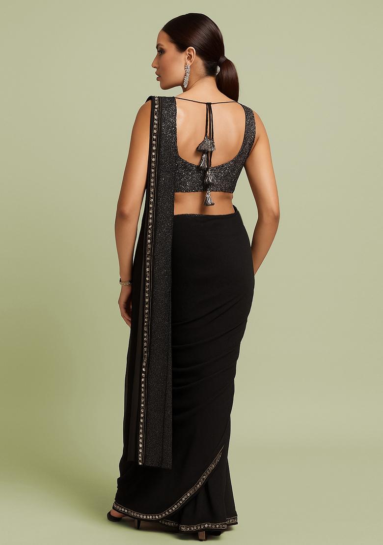 Grey Sequin Embroidered Georgette Pre Draped Saree Set - Indya