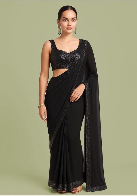Grey Sequin Blouse Georgette Pre Draped Saree Set
