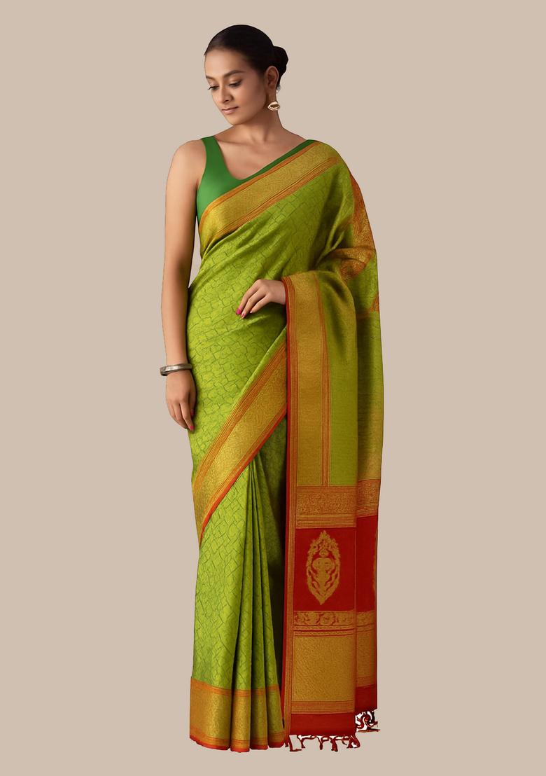 Green Brocade Pre Draped Saree Set