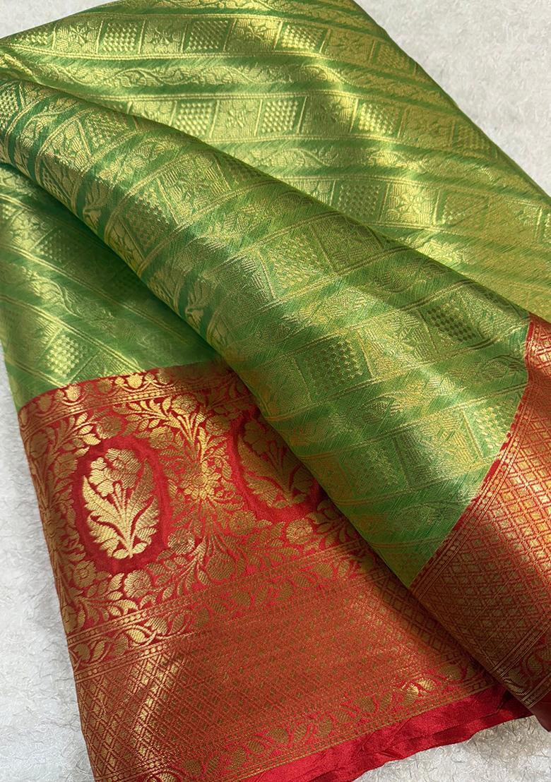 Green Brocade Pre Draped Saree Set