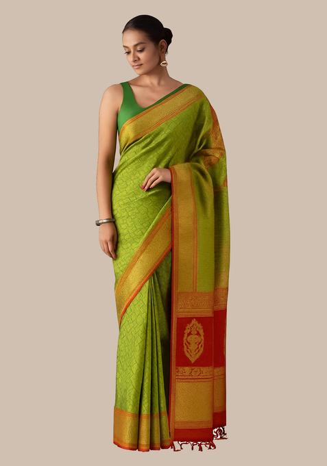 Green Brocade Pre Draped Saree Set