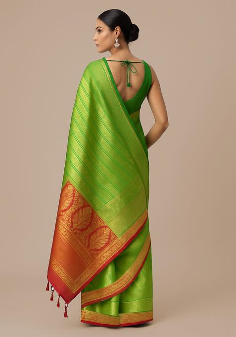 Green Brocade Pre Draped Saree Set