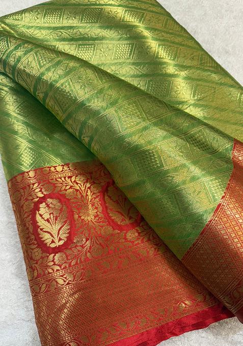 Green Brocade Pre Draped Saree Set